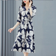 羅蒙（ROMON）連衣裙2025新款女時尚顯瘦V領(lǐng)大碼優(yōu)雅印花氣質(zhì)中長裙收腰簡約裙 藏青色 XL