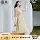香影通勤黃色連衣裙女2025夏秋新款簡單大方氣質(zhì)泡泡袖印花中長裙 黃花 S 155/80A/85-95斤