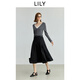 LILY2025秋新款女裝萊賽爾亞麻混紡假兩件V領(lǐng)休閑通勤長(cháng)袖連衣裙 509深灰 S