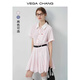 VEGA CHANG短袖連衣裙女2025新款夏學(xué)院風(fēng)翻領(lǐng)條紋高腰顯瘦小個(gè)子襯衫裙 櫻花粉 S