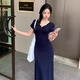 妙奕嘉連衣裙新品純欲氣質(zhì)顯瘦裙子女夏季2025新款長裙海邊沙灘裙包臀裙 深藍(lán)色法式V領(lǐng)性感高腰裙 L