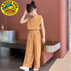G.DUCKKIDS女童夏季雪紡套裝2025新款洋氣夏裝中大童冰絲系帶休閑薄款兩件套 姜黃色套裝 140