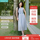 茵曼法式度假風(fēng)女裝串珠連衣裙2025春季新品小眾褶皺無(wú)袖裙子 藍(lán)色 M