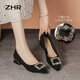 ZHR淺口單鞋女氣質(zhì)尖頭休閑女鞋時(shí)尚水鉆方扣鞋子女 BL180 黑色 39 