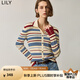 LILY秋新款女裝復(fù)古翻領(lǐng)不規(guī)則撞色條紋修身針織開(kāi)衫女款短款 601白色 M