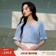 茵曼藍(lán)白格子豎條提花襯衣2025夏季女裝新款方領(lǐng)泡泡袖上衣 淺藍(lán)格 M