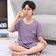 PURCOTTON全棉時(shí)代夏季兒童薄款短袖男童睡衣套裝寬松冰絲空調服短褲大童休 紫色_小熊冰絲五分褲套裝 160 cm