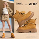 ZHR馬丁靴女新品大黃靴4.5cm增高顯瘦工裝靴子女戶外休閑防潑水女鞋 駝色 4.5cm增高 37