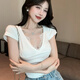 妙奕嘉白色短袖女v領(lǐng)t恤正肩女生新款2025年女士夏季女裝上衣緊修身辣妹 性感純欲V領(lǐng)蕾絲短袖 L 【建議115斤內】
