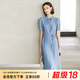 顏域新中式女裝連衣裙2024新款夏裝優(yōu)雅氣質(zhì)百褶裙短袖中長款裙子 藍(lán)色 M/38