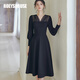 ROEYSHOUSE羅衣V領(lǐng)針織連衣裙2025秋款拼接網(wǎng)紗大擺中長(cháng)裙07655 黑色 L   