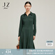 玖姿（JUZUI）JZ玖姿莫代爾羊毛混紡連衣裙女裝冬款柔軟撞色提花裙子 花墨綠 S