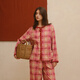 朵朵·可可春秋季新款睡衣女純棉格子舒適簡(jiǎn)約圓領(lǐng)家居服套裝 粉格 M (160)
