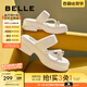 百麗（Belle）休閑人字拖鞋女真皮粗跟增高夾腳涼鞋B1782BT4 米白 36 (230mm)