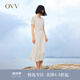 OVV2023春夏新款女裝復古優(yōu)雅翻領(lǐng)短袖休閑彈力針織連衣裙 米杏條紋14 M