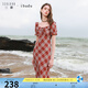 三彩2025夏季新款復古格紋雪紡連衣裙方領泡泡袖長裙女 酒紅格紋 XL 170/92A
