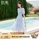 香影天藍(lán)色v領(lǐng)泡泡袖連衣裙女2025夏裝新款收腰絕美海邊碎花裙子 藍(lán)色 M 160/84A/95-110斤