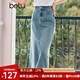 百圖betu女裝夏季新款半身裙高腰中開叉燙鉆牛仔半身裙女2407T55 牛仔色 L