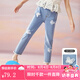 ASK JUNIOR女童褲子2025秋季新品兒童褲腳毛邊時(shí)尚立體蝴蝶牛仔褲九分褲童裝 藍(lán)色 140