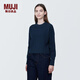 無印良品（MUJI）女式 棱紋編織 圓領(lǐng)短款針織衫 長袖女款 女裝 薄款毛衣 藏青色 S (155/80A)