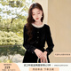 香影絲絨上衣女秋冬2024新款長(zhǎng)袖圓領(lǐng)黑色襯衣高端赫本風(fēng)法式襯衫 黑色 M