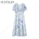 SUSTYLE國際高端品牌女裝碎花連衣裙夏季新款顯瘦泡泡袖收腰氣質(zhì)雪紡裙女 白底藍花 【高檔禮盒裝】 M 【高檔禮盒裝】