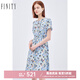 FINITY夏季新款印花美式休閑連衣裙女中長(zhǎng)款大擺a字裙子女 藍(lán)底印花 S