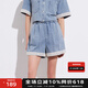BASIC HOUSE/百家好法式復(fù)古蕾絲拼接寬松闊腿休閑短褲女2025夏 牛仔藍 L