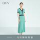 OVV2023春夏新款女裝復(fù)古撞色修身短袖A字傘裙針織連衣裙 湖藍鑲拼02 M