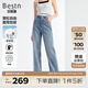 百斯盾新疆精梳棉牛仔褲女2025春秋新款輕盈輕彈力柔軟遮肉寬松直筒褲 深藍(lán)色-NE1H0006410 30 (2尺3)