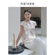 納薇（naivee）【法式中國風(fēng)】新中式盤(pán)扣短袖上衣25夏新款旗袍式花鳥(niǎo)印花上衣女 米色 L