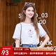 百圖betu女裝2025春夏新款T恤圓領(lǐng)卡通印花袖口拼接國風(fēng)短袖女2502T30 白色 L
