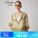 兆君2024春夏真絲新款時(shí)尚印花短外套女減齡連帽領(lǐng)桑蠶絲雙縐上衣 黃色 2XL