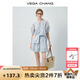 VEGA CHANG時尚套裝女2025新款夏季通勤小個子休閑系帶V領刺繡小衫套裝 baby藍（下裝） M