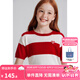 ELLE KIDS童裝 羊毛混紡紅白寬條紋短袖女童秋裝上新法式套頭毛衣 紅白條 165 (M)
