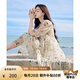 香影（xiangying）碎花連衣裙女2025年夏季新款系帶木耳邊仙氣海邊飄逸寬松裙子 米色 S