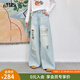 妖精的口袋淺色破洞刺繡闊腿牛仔褲女2025夏新款休閑高腰直筒褲子 牛仔淺藍(lán)色 S