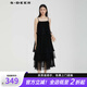 S.DEER圣迪奧女裝荷葉邊網(wǎng)紗蛋糕裙吊帶連衣裙S232Z12A4 黑色/91 XL 175