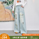 妖精的口袋淺色破洞刺繡闊腿牛仔褲女2025夏新款休閑高腰直筒褲子 牛仔淺藍色 S