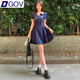 DGOV甜妹學(xué)院連衣裙女夏復(fù)古美式壓褶短裙收腰顯瘦polo領(lǐng)新款長(zhǎng)裙撞色 藏青色【短款】 S 90-100