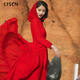 LISCN青海湖旅拍沙漠長(cháng)裙紅色連帽大擺雪紡仙女連衣裙海邊度假沙灘裙 紅色 2XL
