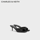 CHARLES&KEITH方頭蝴蝶結褶皺細跟拖鞋涼鞋生日禮物送女友CK1-60280476 BLACK TEXTURED黑色紋理 37 （235）