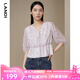 藍(lán)地（LANDI）V領(lǐng)復(fù)古浪漫印花七分袖雪紡衫襯衫女設(shè)計(jì)感小衫秋新品 粉色 L