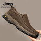 Jeep吉普休閑鞋男鞋春季新款頭層牛皮休閑皮鞋防滑軟底一腳蹬運動(dòng)鞋男 卡其 【套腳款】【標準皮鞋碼】 41