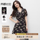 尚都比拉V領(lǐng)泡泡短袖A字碎花裙女夏季綁帶收腰顯瘦連衣裙度假風(fēng)浪漫中裙