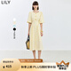 LILY夏新款女裝氣質(zhì)通勤款復(fù)古浪漫泡泡袖顯瘦收腰長款連衣裙 204淡黃 S