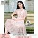 香影v領印花連衣裙女2025夏季新款絕美暈染木耳領泡泡袖雪紡裙子 粉紅 L
