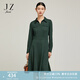 玖姿（JUZUI）JZ玖姿莫代爾羊毛混紡連衣裙女裝冬款柔軟撞色提花裙子 花墨綠 S