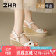 ZHR頭層牛皮涼鞋女厚底坡跟女鞋度假交叉帶舒適鞋子女 S169 米色 37