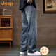 吉普（JEEP）美國正品薄款純棉牛仔褲夏季男士寬松直筒痞帥高街闊腿休閑長褲子 藍(lán)色 常規(guī) 【官方正品】 33 【適合150斤左右】